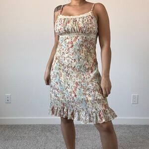 Y2K Blu Reed Floral strappy mini dress ruffle hem lace trim‎